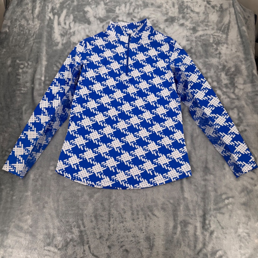 IBKUL Womens Medium Long Sleeve Golf Polo Shirt Blue White Houndstooth UPF 50+